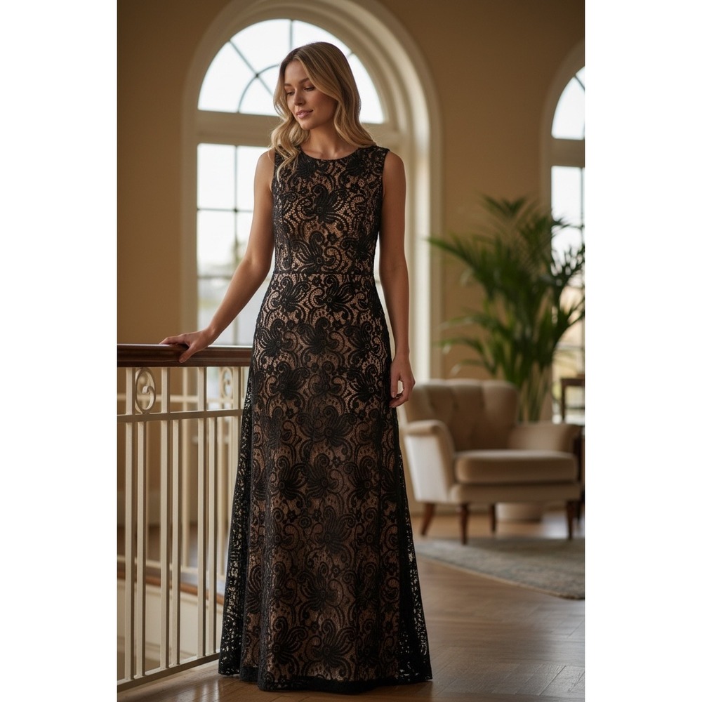 Enfocus Studio Black Lace Sleeveless Maxi Gown Blush Lining Keyhole Back Size‎ 8